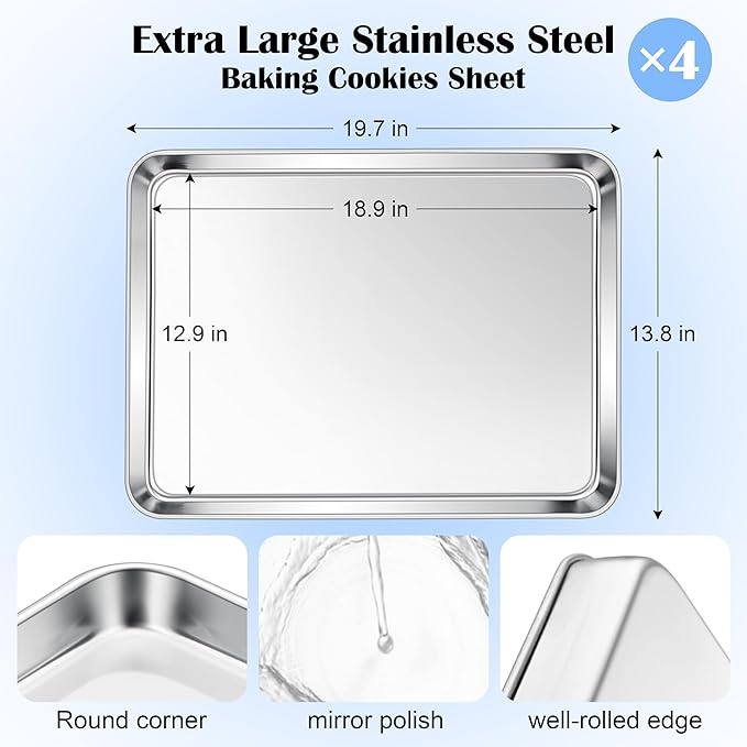 E-far Large Baking Sheets Set of 4, 20”x14” Stainless Steel Cookie Sheet Pans for Oven, Non Toxic Big Metal Baking Tray for Cake Cookies, Healthy & Rust Free, Mirror Finish & Dishwasher Safe