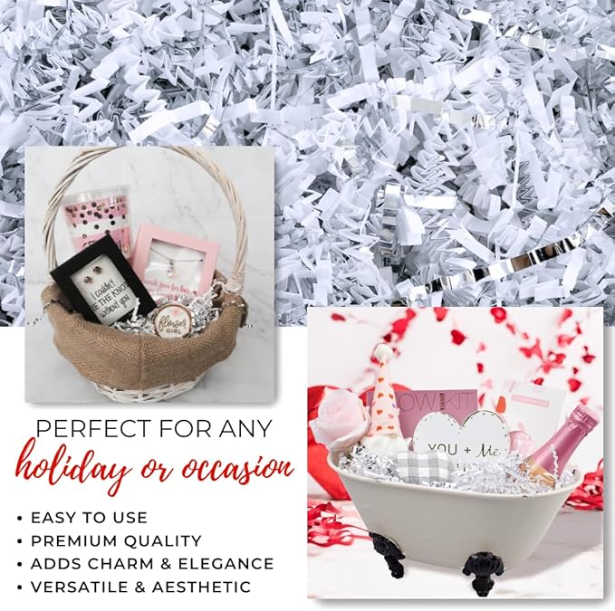 MagicWater Crinkle Cut Paper for Gift Baskets - 2LB - White & Silver - Perfect for Shredded Paper Filler, Basket Filler, Gift Boxes, Bridesmaid Gifts, Halloween Stuffers & More – for All Occasions