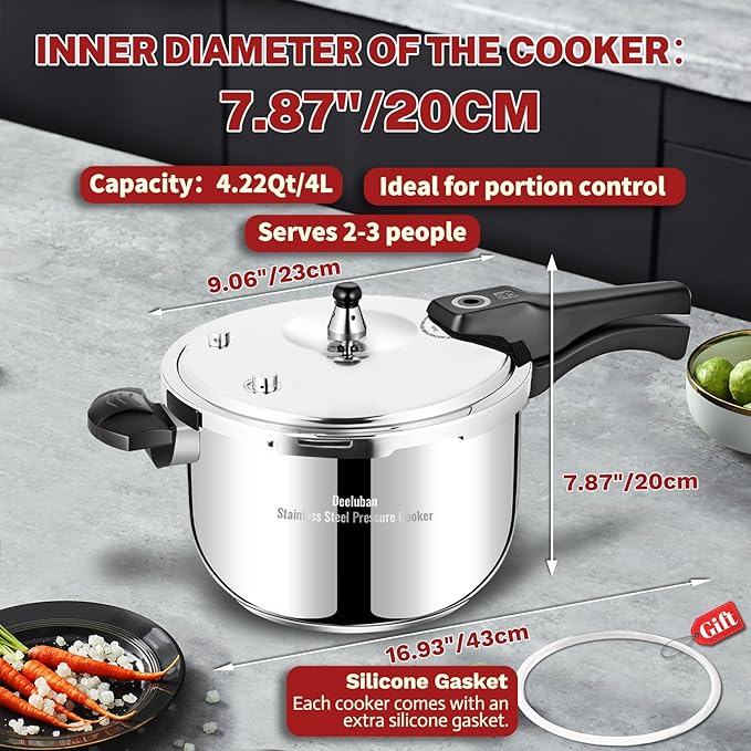 4 Quart Stainless Steel Pressure Cooker, Deeluban All Stovetops Induction Compatible Thickened Pressure Cooker with Spring Valve Safeguard Devices for Home and Commercial Use