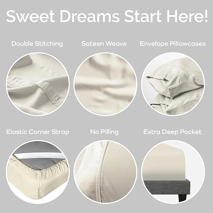 100% Viscose from Bamboo Sheets Queen Size, Super Soft Bedding Set, 4PC Cooling Sheets for Hot Sleepers, Vegan Silk Moisture Wicking, Organically Grown Bedsheet - Ivory - 60" x 80"