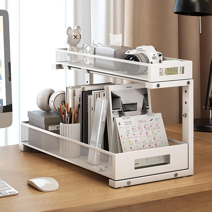 1 Pack 19IN Depth Under Sink Storage Organizer, Large 2-Tier Elegant Mesh Pull Out Shelf for Kitchen and Bathroom Cabinet Organization, L-Shaped and Adjustable Height Design-White