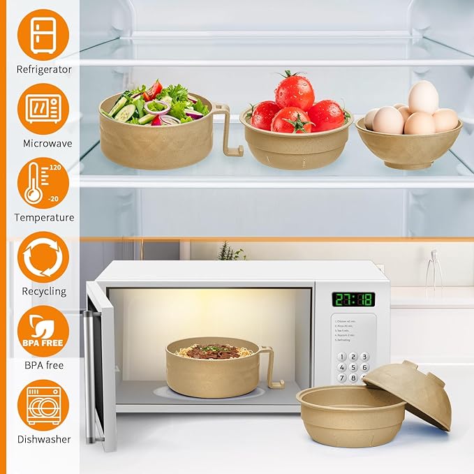 Ramen Cooker,32oz Ramen Bowl Set,Microwave Ramen Bowl, Microwave Bowl with Lid, Portable Noodle Bowls,for Home Office Dorm Room College gift (Khaki)