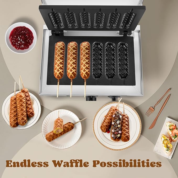 Moongiantgo Commercial Corn Dog Waffle Maker Machine 6 PCS 1550W Hot Dog Cheese Stick Press Iron, 50-300℃ Temp Control, 5-min Timer French Muffin Cooker 110V