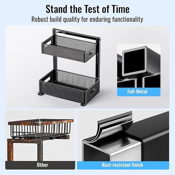 2-Tier Under Sink Organizer, Silk-Smooth Metal Sliding Drawer Organizers and Storage Rack, Pull Out Cabinet Shelf for Kitchen, Bathroom, Pantry, Cabinet, Closet
