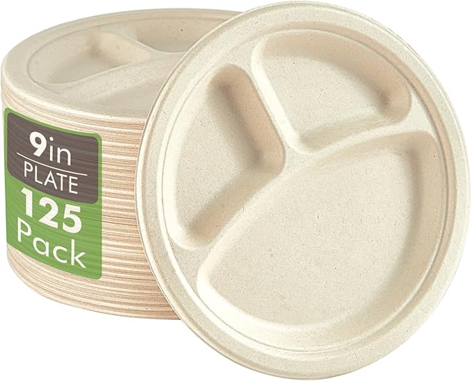 Vplus 100% Compostable Paper Plates, 125 Pack 9 Inch 3 Compartment Plates Disposable, Heavy Duty Biodegradable Plates Made of Sugar Cane Fibers, for Daily meals, Dinner, Parties, BBQ