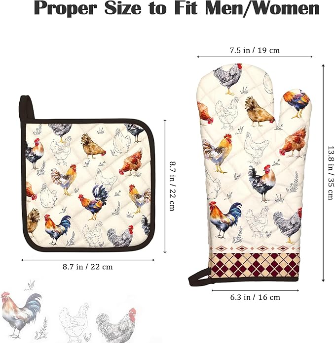Roosters Oven Mitts and Pot Holders Sets 2Pcs, 100% Cotton Heat Resistant, Extra Long Oven Gloves Potholder for Kitchen Cooking Baking Decoration