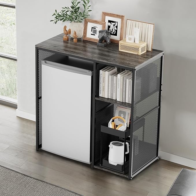 3-Tier Coffee Bar Cabinet with Mini Fridge Space, Heavy-Duty Rustic Grey Microwave Stand Baker Rack, Utility Storage Organizer Shelf for Home Kitchen Dorm, Slate Grey