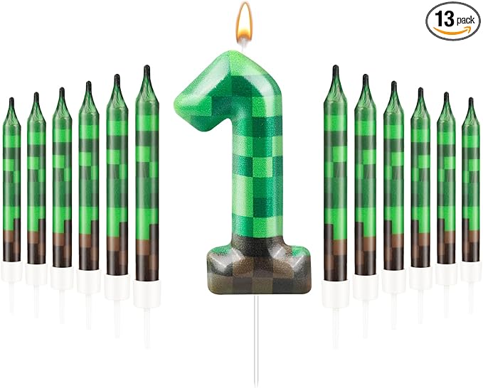 13 Pcs Dynamite Candles 12 TNT Themed Birthday Cake Candles and Number 1 Candle Cake Topper for Pixel Theme Birthday Party Anniversary Party Dynamite Theme Party Video Game Party Supplies (Number 1)