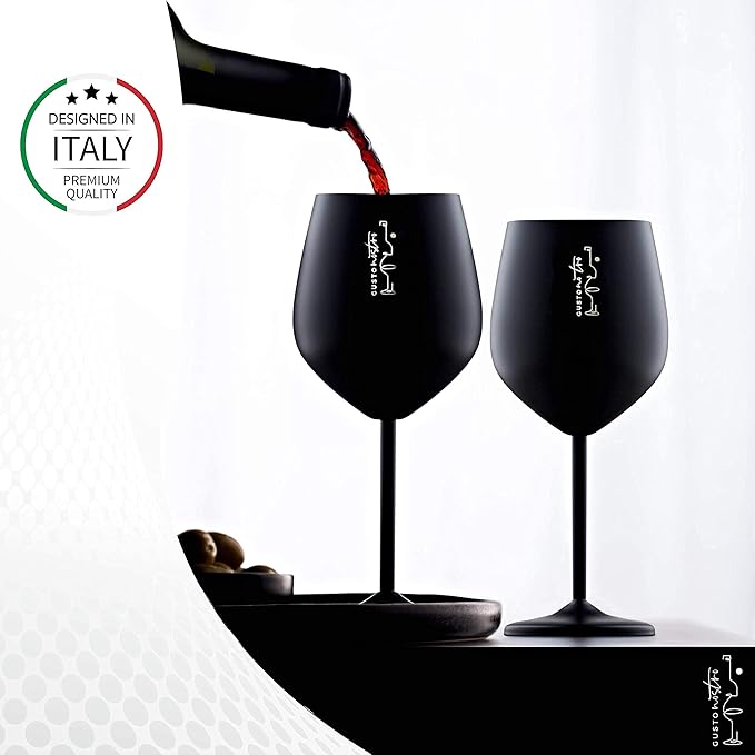 Gusto Nostro Stainless Steel Wine Glass - 18 oz - Unbreakable Black Wine Glasses for Travel, Camping and Pool - Fancy, Unique and Cool Portable Metal Wine Glass for Outdoor Events, Picnics (Set of 2)