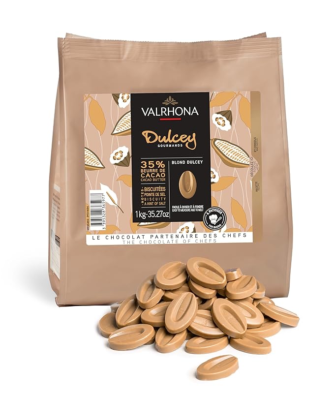 Valrhona Premium French Baking Blonde Chocolate Discs (Feves) DULCEY 35% Cacao, Creamy, Caramel Cookie Flavor Notes, Easy Melt & Tempering Creamy, Balanced, For Luscious Frostings. 1kg (Pack of 1)