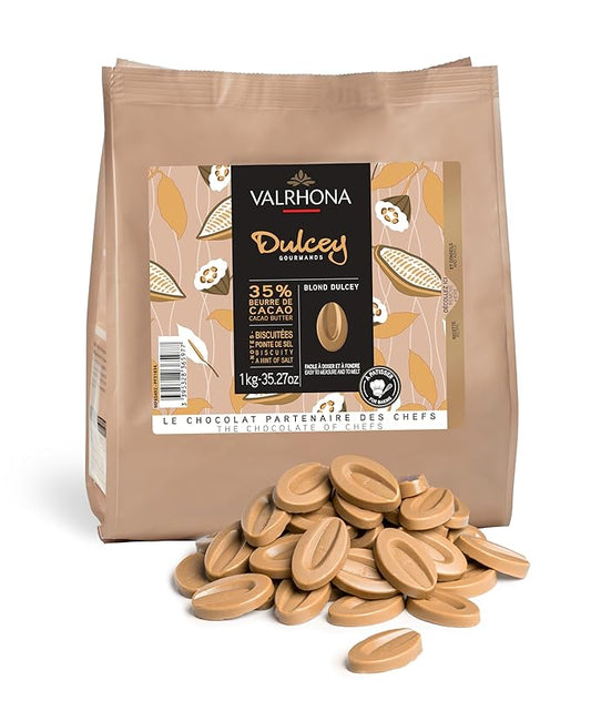 Valrhona Premium French Baking Blonde Chocolate Discs (Feves) DULCEY 35% Cacao, Creamy, Caramel Cookie Flavor Notes, Easy Melt & Tempering Creamy, Balanced, For Luscious Frostings. 1kg (Pack of 1)