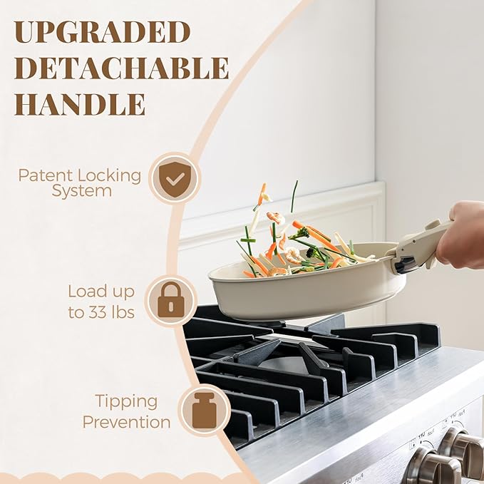 Ceramic Pots and Pans Set with Detachable Handle, Non-toxic Nonstick 8pcs Cookware Set with Die-cast Lids, Dishwasher & Oven Safe, PTFE PFOA PFAS Free, Perfect for College Dorm, Cream White