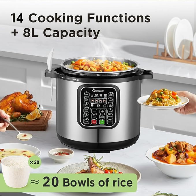 8qt stainless steel Pressure Cooker | 24-hour Presetting electric rice cooker, 14 in 1 slow cooker with temperature control | LED Multifunction Steamer, Food Warmer with nonstick pot