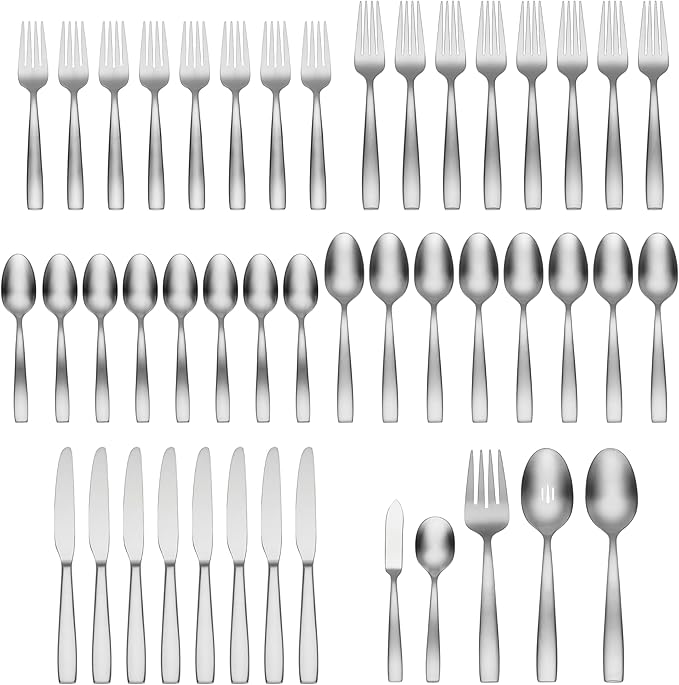 Oneida Everdine 45 Piece Everyday Flatware, Service for 8, 18/0 Stainless Steel, Silverware Set, Dishwasher Safe, Silver