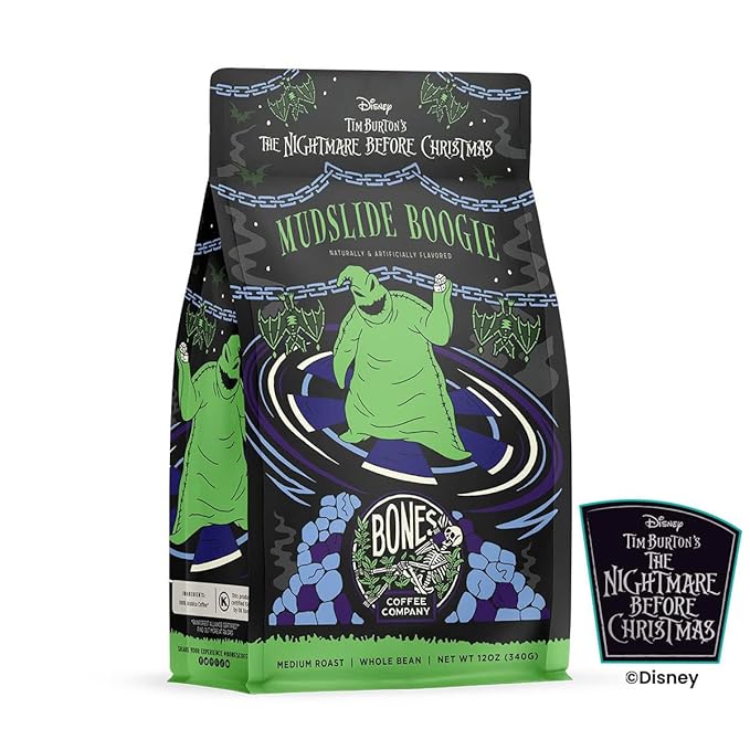 Bones Coffee Company The Nightmare Before Christmas Mudslide Boogie Flavored Coffee Beans, Medium Roast Ground Coffee Low Acid, Chocolate Mudslide Flavor (12 oz)