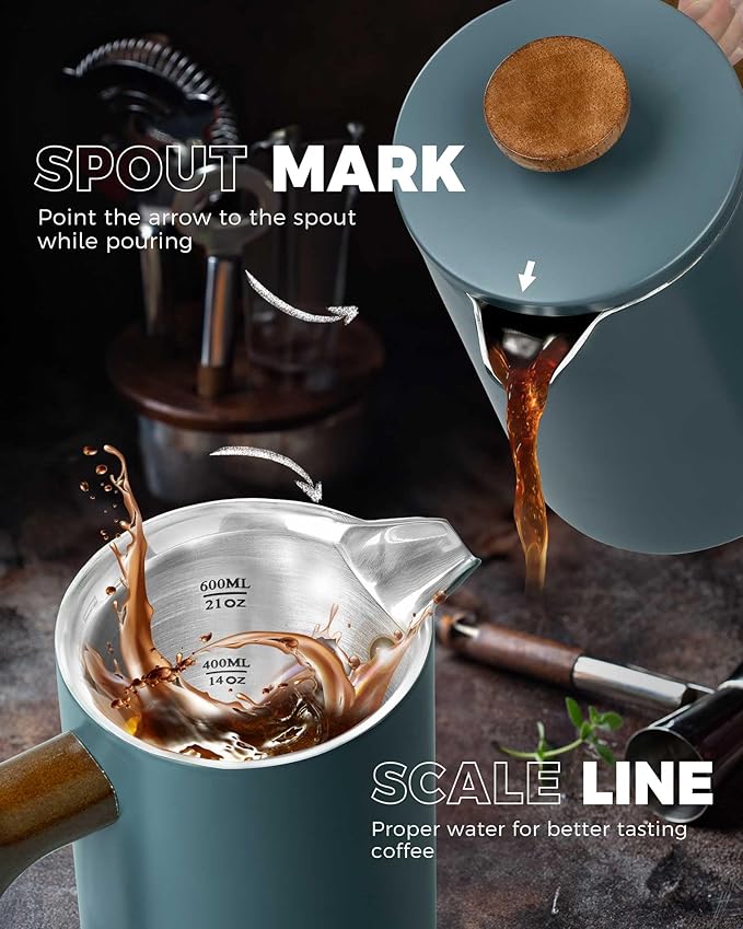 POLIVIAR French Press Coffee Maker, 21 oz Coffee Press with Real Wood Handle, Double Wall Insulation & Dual-Filter Screen, Food Grade Stainless Steel for Good Coffe and Tea, JX2024-SFPU