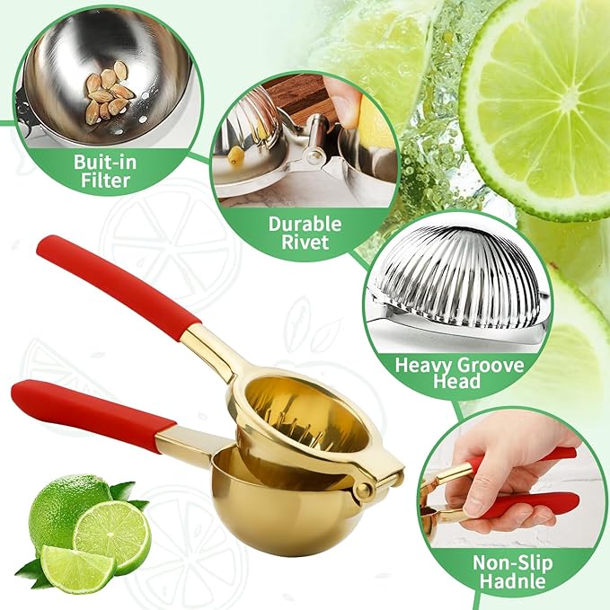 Lemon Squeezer,304 Stainless Steel Citrus Press Juicer,Non-Slip Grip Design Manual Juicer,Heavy Duty Manual Citrus Press Juicer & Lime Squeezer-Gold & Red
