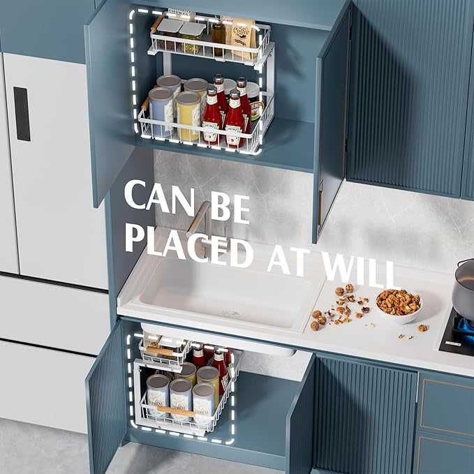 2 Pack Under Sink Organizers and Storage, Height Adjustable Under Sink Storage, Under Cabinet Organizer, Metal 2 Tier Pull out Cabinet Organizer, Bathroom Organizers and Storage, White