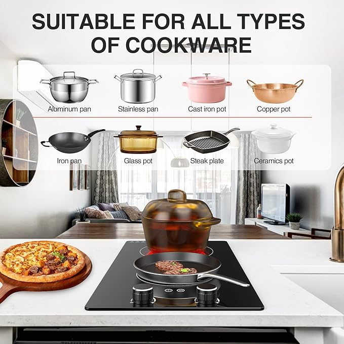 110v Electric Cooktop 2 Burners, 12'' Electric Stove Top with Plug in, GTKZW Knob Control Countertop & Built-in Ceramic Cooktop, 9 Power Levels, Child Lock, Timer, Over-Heat Protection