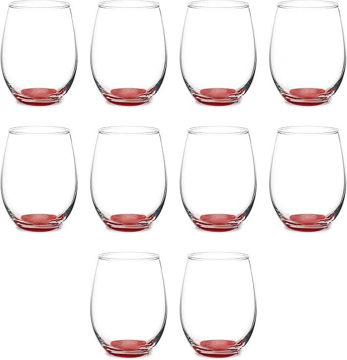 DISCOUNT PROMOS Stemless Wine Glasses in Bulk by ARC Perfection, 15 oz, 10 Pack, Red or White Wine Glass Set, Red