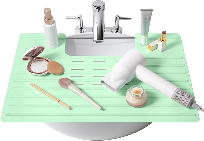 Maplefield Silicone Over-the-Sink Makeup Mat - Mint 22 x 2 x 2 In - Heat-Resistant up to 400°F - Foldable Sink Cover for Counter Space - Travel-Friendly Vanity Topper