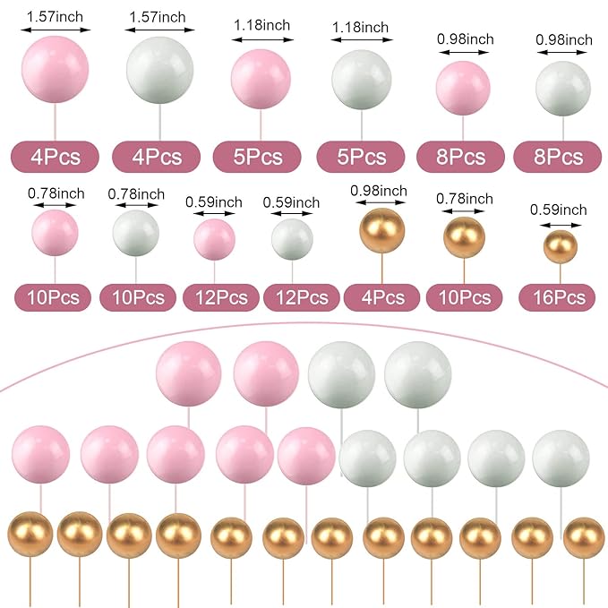 108 Pcs Balls Cake Topper DIY Cupcake Insert Foam Balloons for Cake Baking Wedding Anniversary Birthday Decoration(Pink, White, Gold,Multi Sizes)