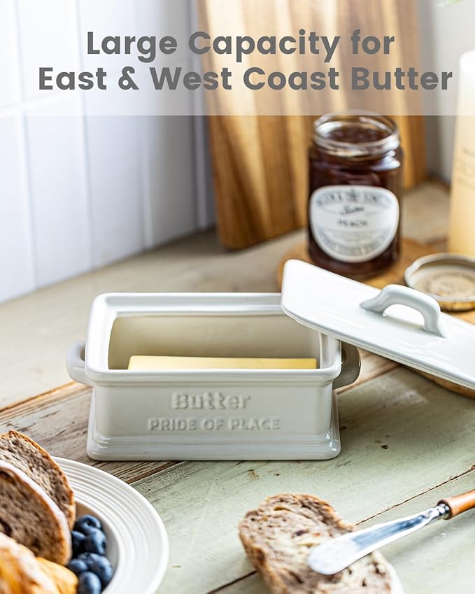 Butter Dish with Lid, Ceramic Butter Dish for Countertop Butter Holder Container Large Butter Keeper for East West Coast Butter, White