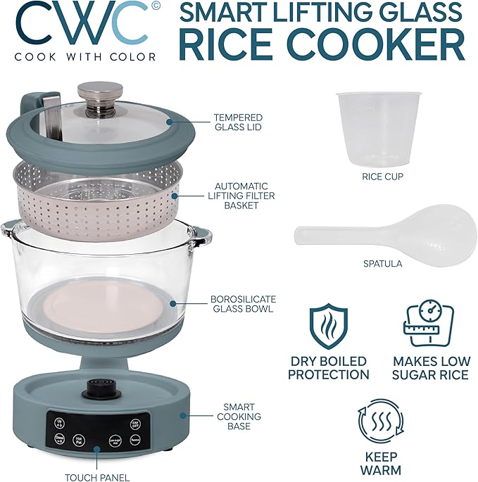 COOK WITH COLOR 3L Glass Low Carb Rice Cooker - Makes 6 Cups Low Sugar Rice with Auto Lift Filter Basket, Hotpot & Steamer for Rice, Grains and Oats, Digital Panel with Keep Warm Function, Slate Blue