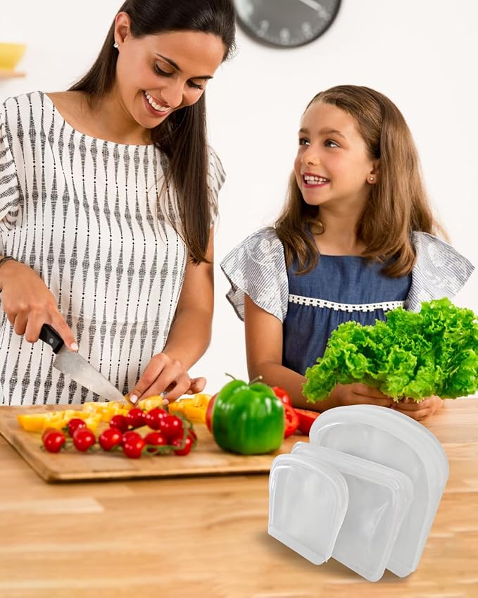 Reusable Silicone Storage Bag, 6 Packs Pocket, Snack, and Sandwich Bag, Endurables Seal-Top Silicone Bags for Food Storage, Freezer, Microwave, Oven, Dishwasher Safe (Clear & Rose Quartz)