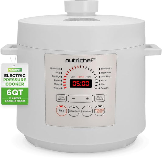 NutriChef Electric Pressure Cooker 6 Quart Capacity | 9 Function Digital Countertop Pressure Cooker | Adjustable Time & Temperature | Cook, Bake, Steam, Broil, & Braise | 13.1 x 11.4 IN | White
