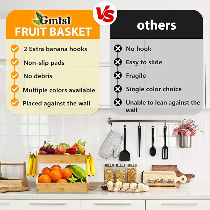 Bamboo Fruit Basket for Kitchen–2 Tier Fruit Bowl For Kitchen Counter, Large Fruit Holder With 2 Banana Hangers, Idea For Fruit and Vegetable Storage, Bread Basket, Snack Organizer(BAMBOO)