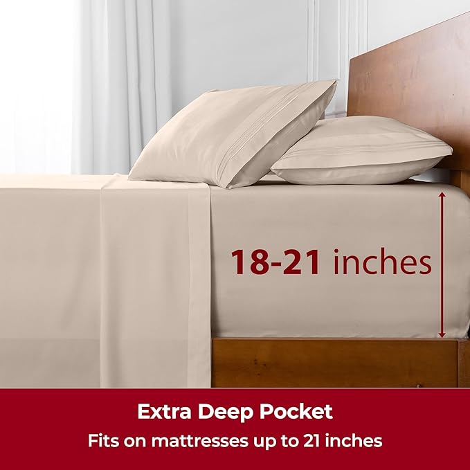 Mellanni Extra Deep California King Sheets - 4 PC Iconic Collection Bedding - Hotel Luxury, Ultra Soft, Cooling Bed Sheets - Wrinkle, Fade, Stain Resistant (Cal King, Beige)