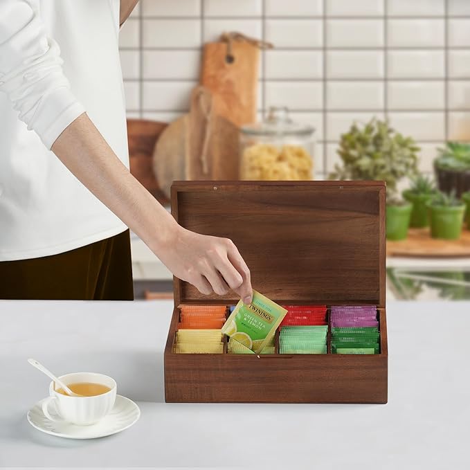 Acacia Wood Tea Bag Organizer, 8 Compartments Tea Box Organizer Storage Box, Tea Box for Tea Bags Chest, Tea Bag Holder with Magnetic Lid for Beverage Supplies, Sugar, Sweeteners, Individual Packets