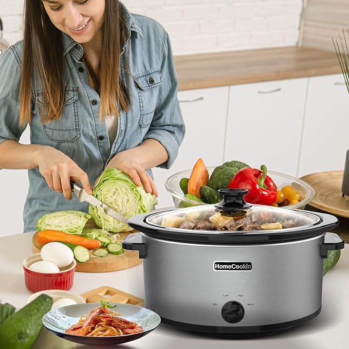 HOMECOOKIN 6 Quart Slow Cooker Oval Manual Pot Food Warmer with 3 Cooking Settings, Stainless Steel