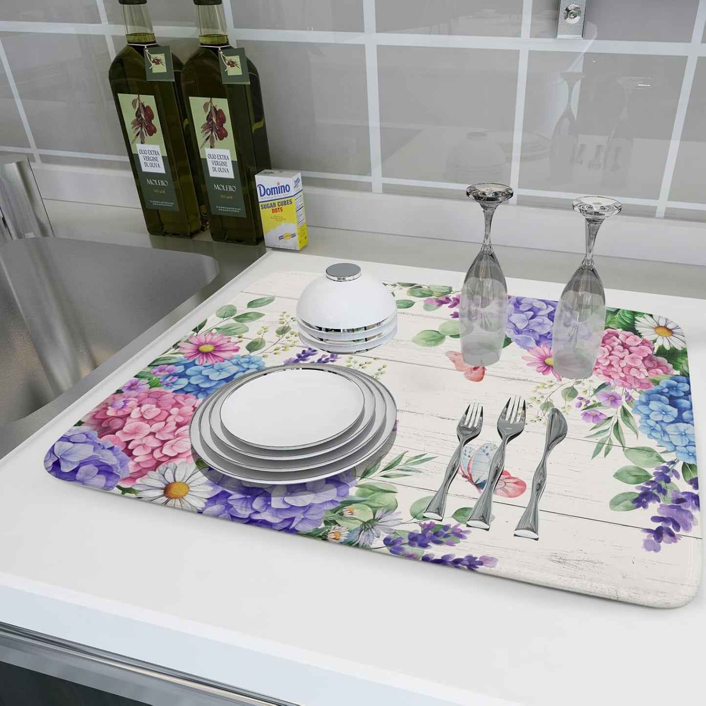 Hydrangea Floral Dish Drying Mat 18x24 inch Spring Summer Decorative Fast Dry Dishes Draining Mats Absorbent Microfiber Drainer Rack Pad