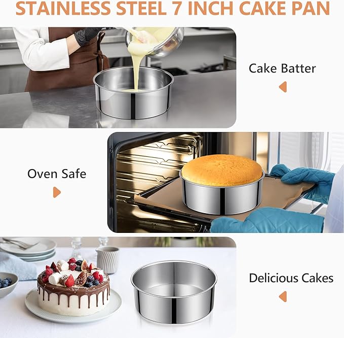 7 Inch Round Cake Pans, Removable Bottom & Easy Releasing, 304 Stainless Steel Cake Pan, Non-Toxic & Healthy Cake Baking Cheesecake Pan, Leakproof & Nonstick