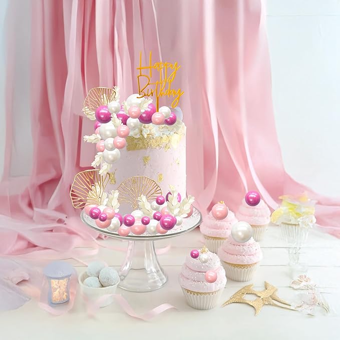 Gyufise 57Pcs Balls Cake Topper Boho Grass Cake topper Pearl Balls Acrylic Happy Birthday Cake Decorations for Wedding Baby Shower Birthday Boho Themed Party Supplies Rose Red