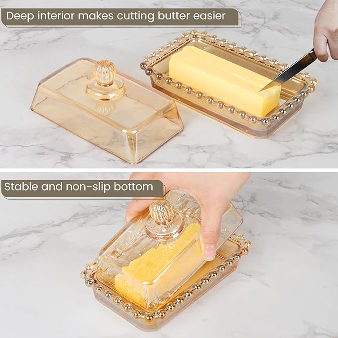 Glass Butter Dish with Lid for Countertop Amber Vintage Crystal Butter Holder for Counter,Covered Glass Butter Keeper on Counter Butter Tray for Refrigerator(Amber)