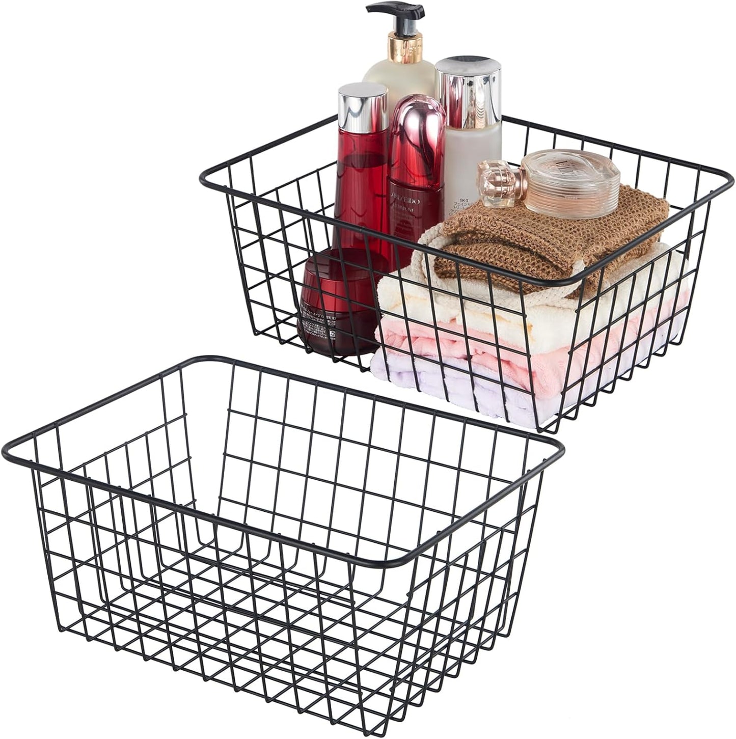 JUNCHU CHERRY【Extra Large】Wire Kitchen Storage Baskets 2 Packs,Perfect Pantry Organization Accessories Basket,Laundry Basket,Suitable for Countertop, Kitchen, Bedroom, Bathroom,Black