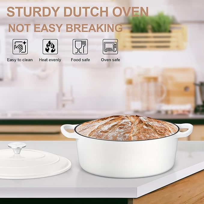 E-far 7QT Oval Dutch Oven Pot with Lid, Enameled Cast Iron Dutch Oven with Dual Handles for Sourdough Bread Baking Cooking, Nonstick Enamel Coated Cookware(White), Non-Toxic & Easy Clean