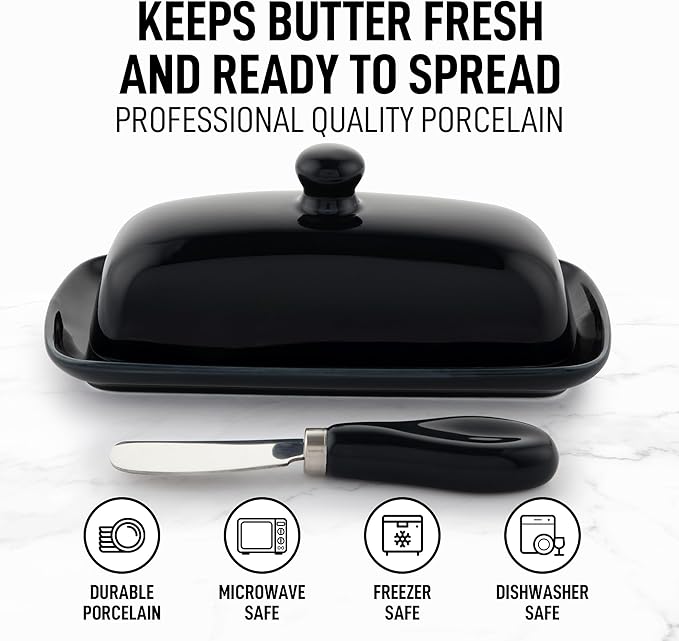 Zulay Butter Dish With Lid For Countertop - Porcelain White, Ceramic Butter Dish with Knob Handle Great for Cooking - Elegant Design Butter Holder - Durable & Sturdy Butter Keeper - Black