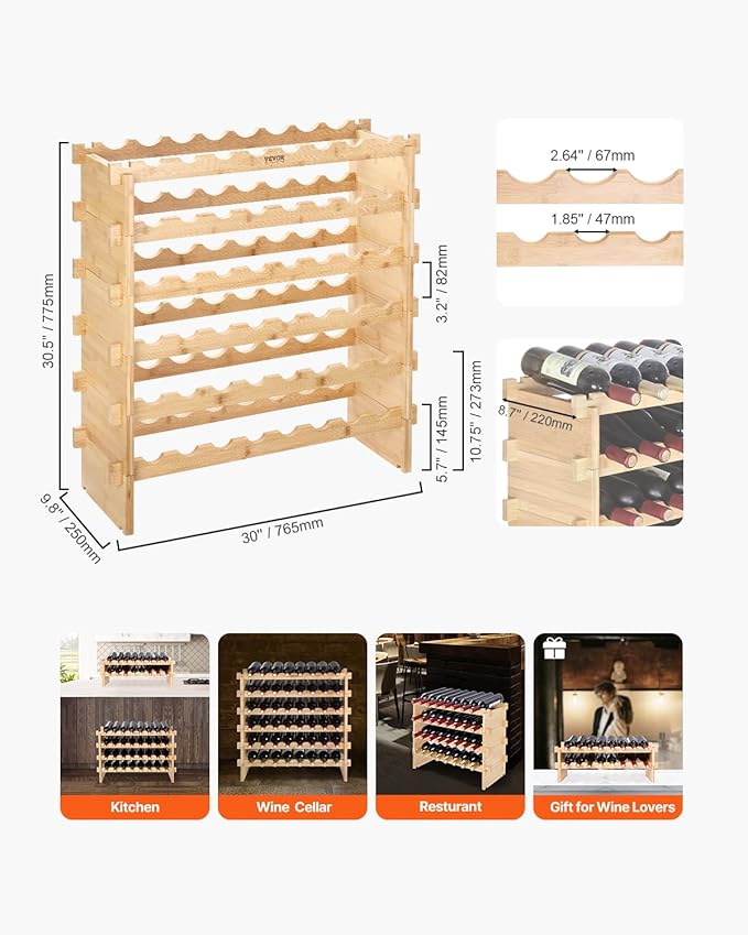 VEVOR Stackable Modular Wine Rack, 6-Tier 48 Bottles, Freestanding Wines Holder Display Shelf, Solid Bamboo Wood Storage Racks, Wobble-Free Shelves for Kitchens, Dining Rooms, Cellars, Natural Color