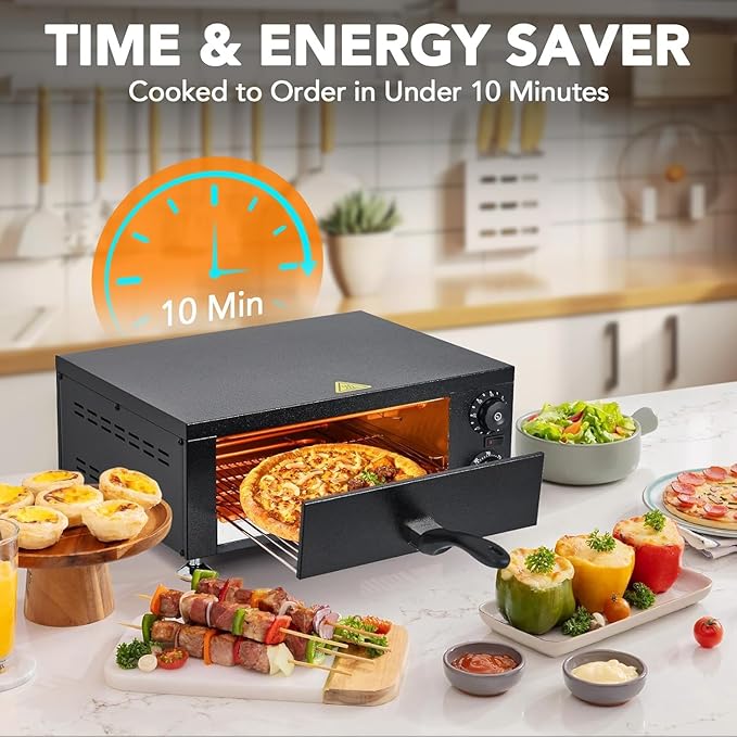 High-Speed Commercial Pizza Oven 12" 1100W，Sealed Stainless Steel with 60-Min Timer for Pizzeria, Food Truck, Catering，Countertop Electric Baking Machine