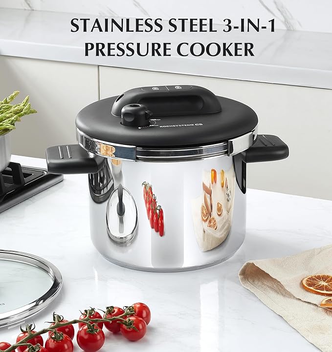 KOCH SYSTEME CS Pressure Cooker Stainless Steel, 6.3 QT Olla de Presion, Easy One-Press Lock, 3 PSI Settings Pressure Cooker, Save 70% Time, Gas & Induction Compatible, Glass Lid & Steamer Rack