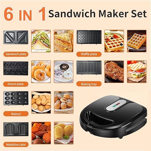 6 in 1 Waffle Maker, Sandwich Maker with Removable Plates, Donut Maker Dual-Sided Heating Non-Stick Plates, Walnut Cookie Maker, Multi Breakfast Maker for Grilled Cheese, Toast, Bread