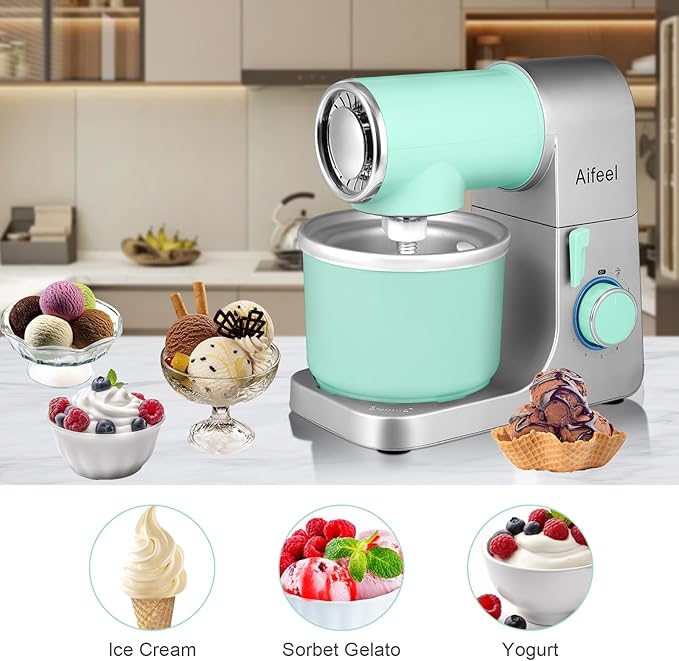 Aifeel Stand Mixer,6.5QT Kitchen Electric Mixer with 2QT Ice Cream Maker Bowl, 6 in 1 Multifunctional Bread Dough Mixer with Dough Hook,Whisk & Beater, Food Mixer for Baking (Green-Silver)