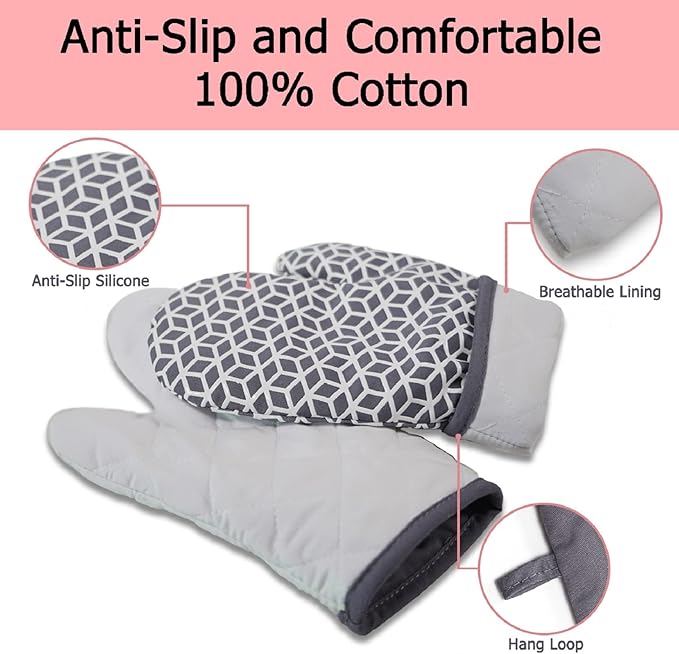 Oven Mitts and Pot Holders Sets 6pcs, Thick Cotton Oven Gloves High Heat Resistant 500℉with Extra Long Oven Mitts and Hot Pads Potholders with Non-Slip Silicone Surface for Cooking Baking