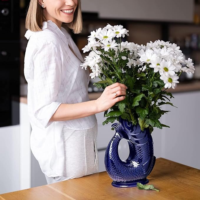 Gurgle Glug Jug The Bubble Jug® Dark Cobalt Blue 50 fl oz 1.5L Litre Extra Large Pitcher - Fish Shaped Jug - Decorative Ceramic Glugging Cocktail, Water and Gin Vase and Gurgling Carafe Pot