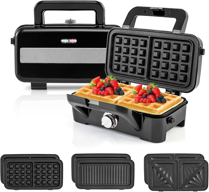 ARLIME 3 in 1 Waffle Maker, 1082W Electric Panini Press Grill w/Non-stick Plates, Indicator Lights, Cool Touch Handle, Sandwich Maker w/ 5-gear Temperature Control for Breakfast Grilled Cheese Steak