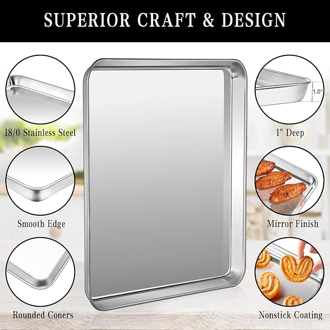 Stainless Steel Baking Sheet Set, 2 Pcs Cookie Sheet Pan Baking Trays for Oven, Non Stick and Heavy Duty and Easy Clean, 9.3 x 6.9 x 1 Inch